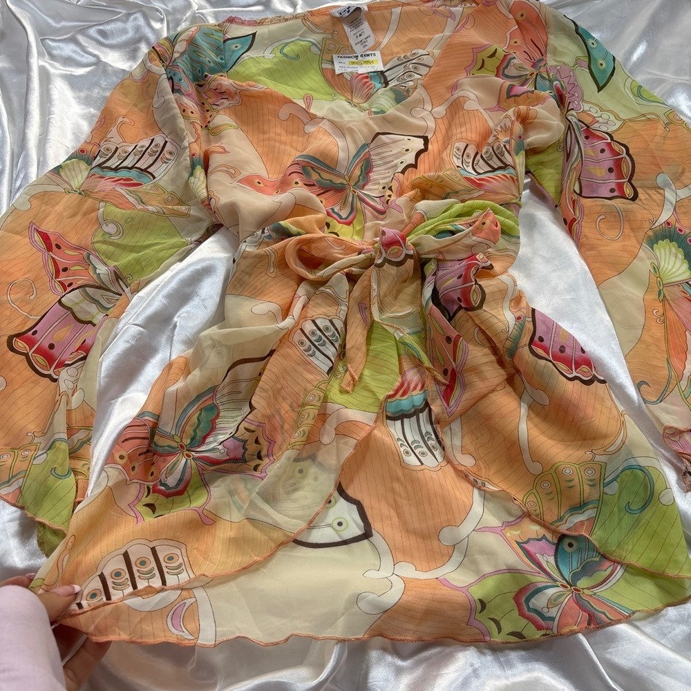 y2k Beware Butterfly Blouse Orange Excellent Sheer Tie Front Bell Sleeve Top 2XL - Picture 3 of 6